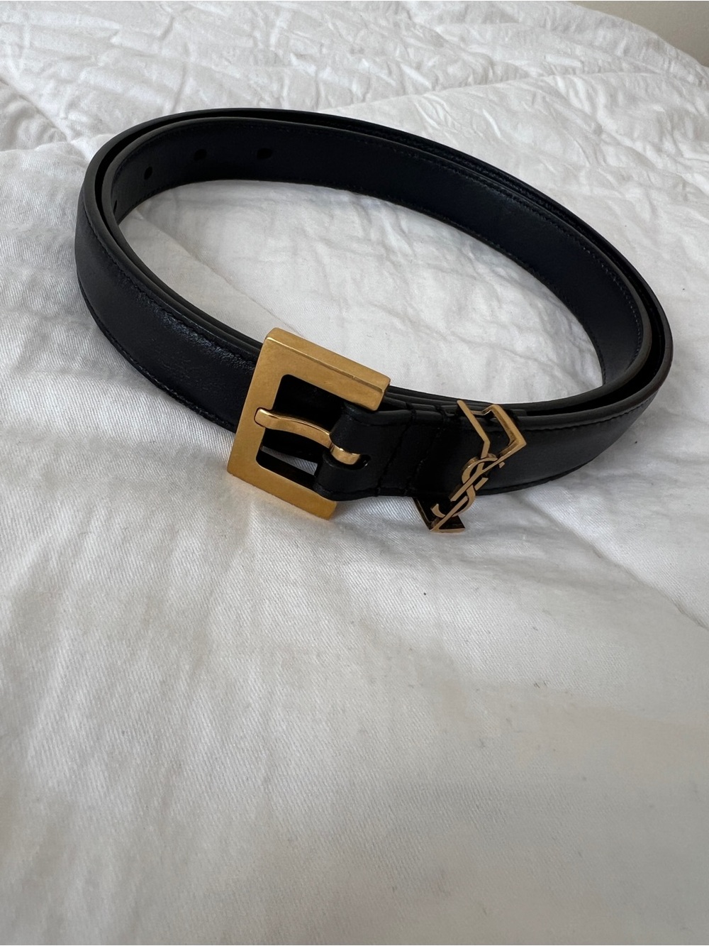 Yves Saint Laurent Black Leather Belt with Gold Buckle and Logo Charm